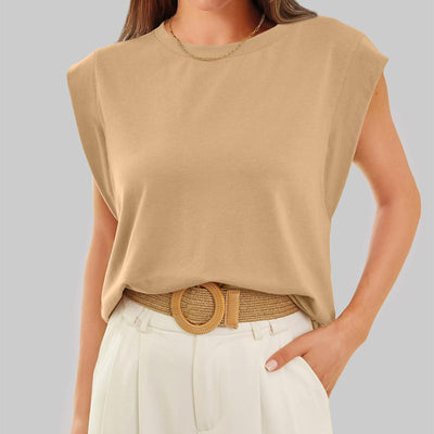 Round Neck Cap Sleeve Top Solid Color Casual Shirt