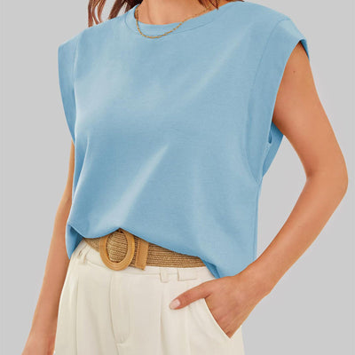 Round Neck Cap Sleeve Top Solid Color Casual Shirt