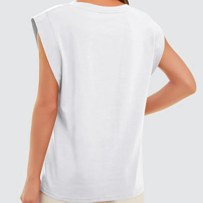 Round Neck Cap Sleeve Top Solid Color Casual Shirt