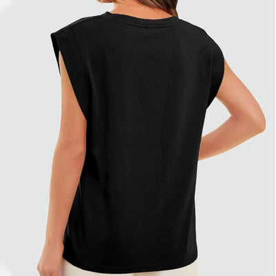 Round Neck Cap Sleeve Top Solid Color Casual Shirt