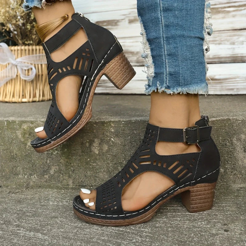 Versatile Hollow Out Stylish Mid Heel Open Toe Sandals For Women