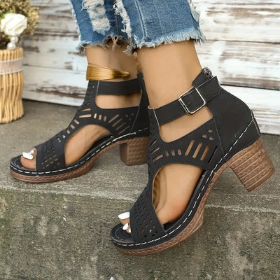 Versatile Hollow Out Stylish Mid Heel Open Toe Sandals For Women