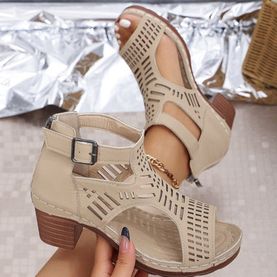 Versatile Hollow Out Stylish Mid Heel Open Toe Sandals For Women