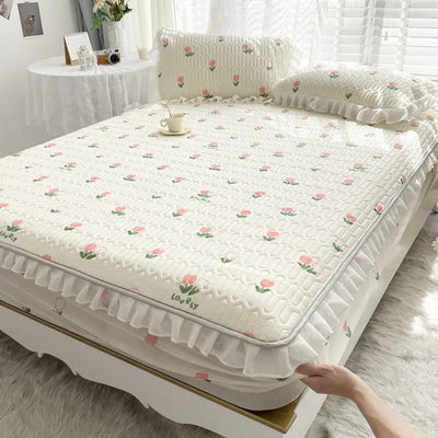 Ice Silk Latex Mattress Set Non Slip Bed Sheet Protective Cover
