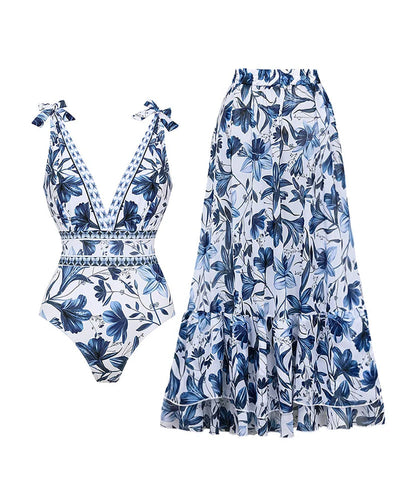 V Neck Lace Up Printed One Piece Swimsuit With Skirt Set