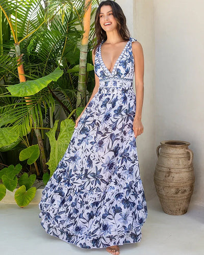 V Neck Lace Up Printed One Piece Swimsuit With Skirt