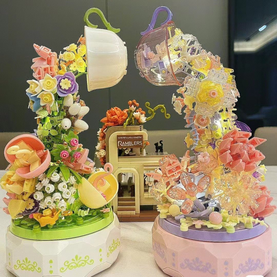 Teacup Flower Music Box Building Blocks Botanical Gift For All Ages