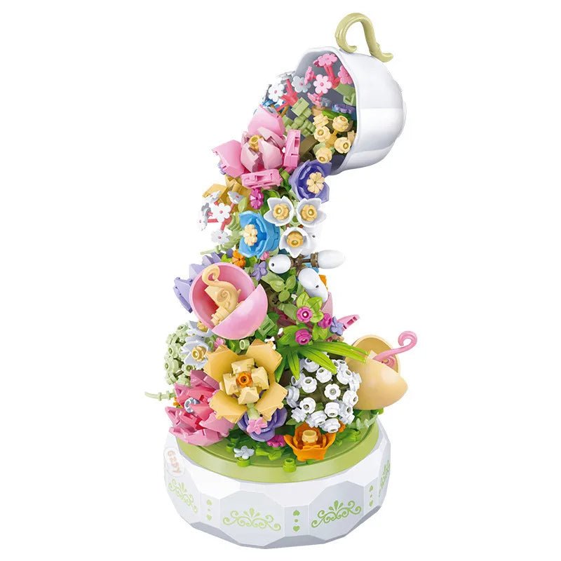 Teacup Flower Music Box Building Blocks Botanical Gift For All Ages