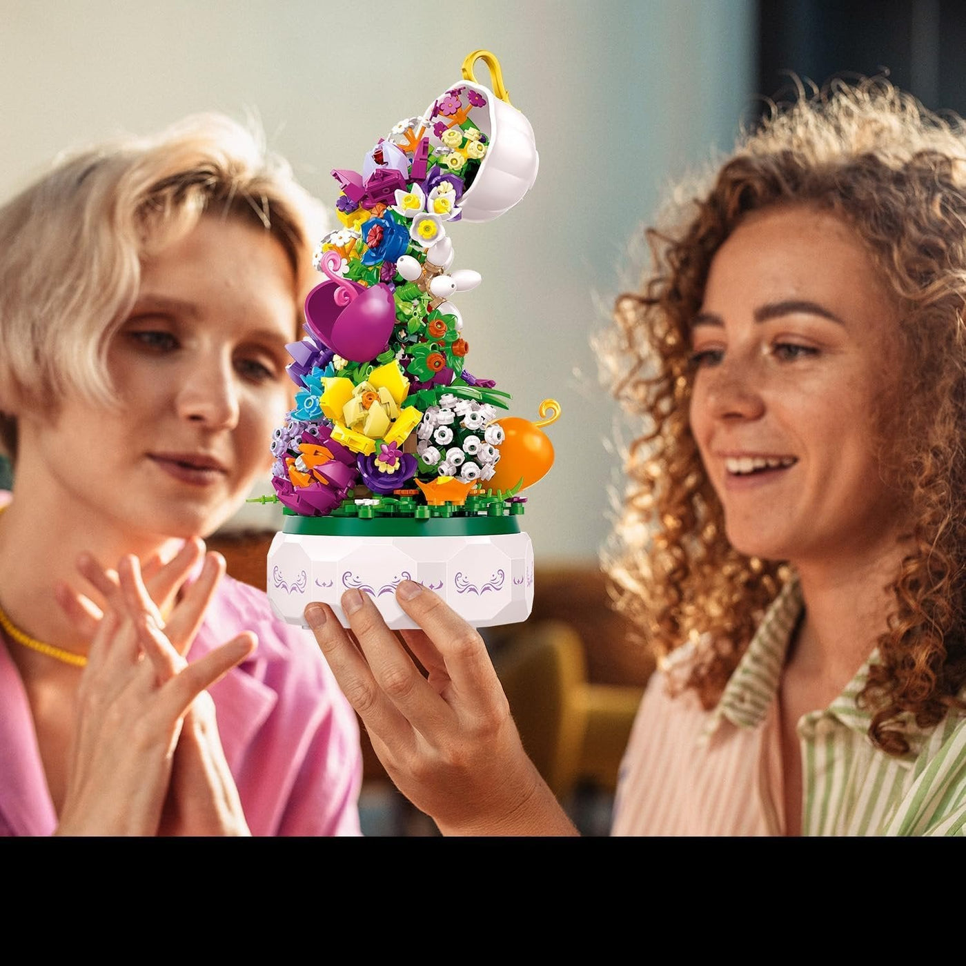 Teacup Flower Music Box Building Blocks Botanical Gift For All Ages