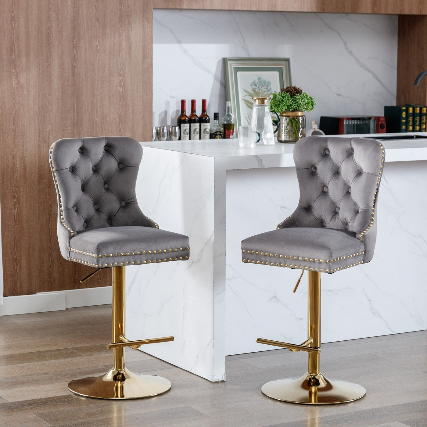 Thick Gold Velvet Bar Stool With Adjustable Height And Backrest Gray Set