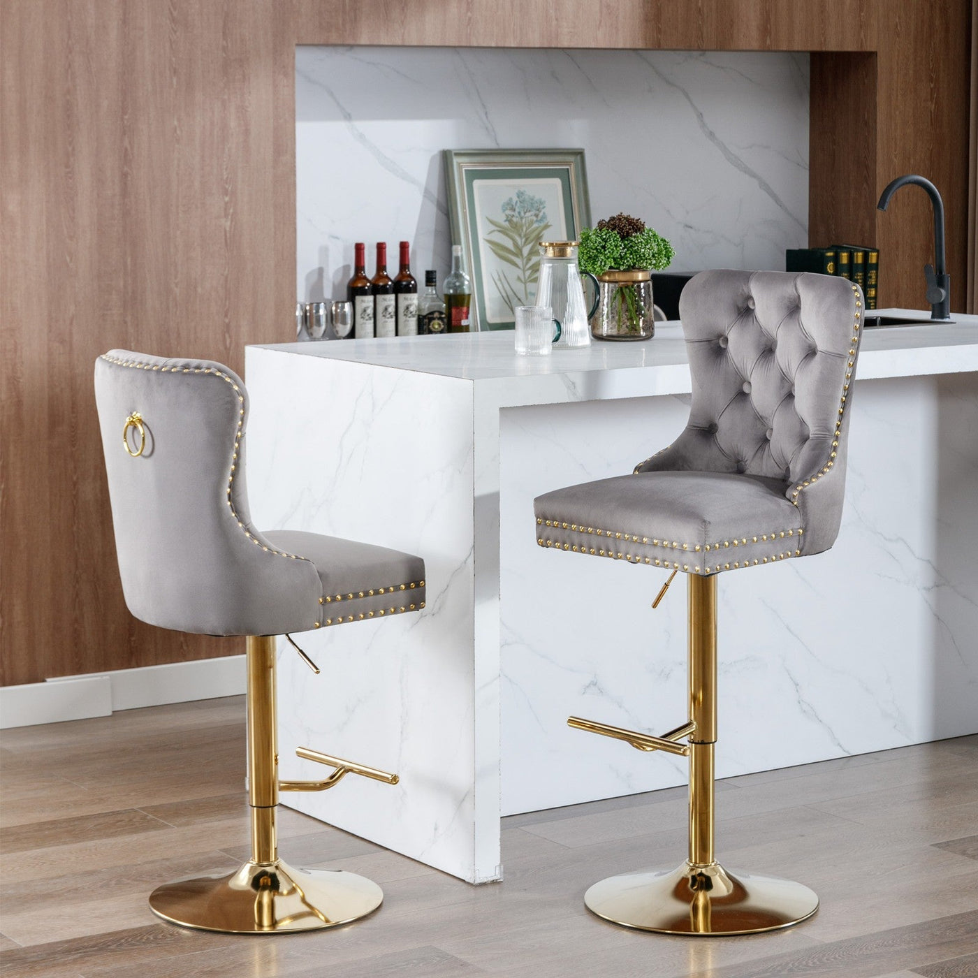 Thick Gold Velvet Bar Stool With Adjustable Height And Backrest Gray Set