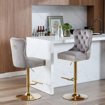 Thick Gold Velvet Bar Stool With Adjustable Height And Backrest Gray Set