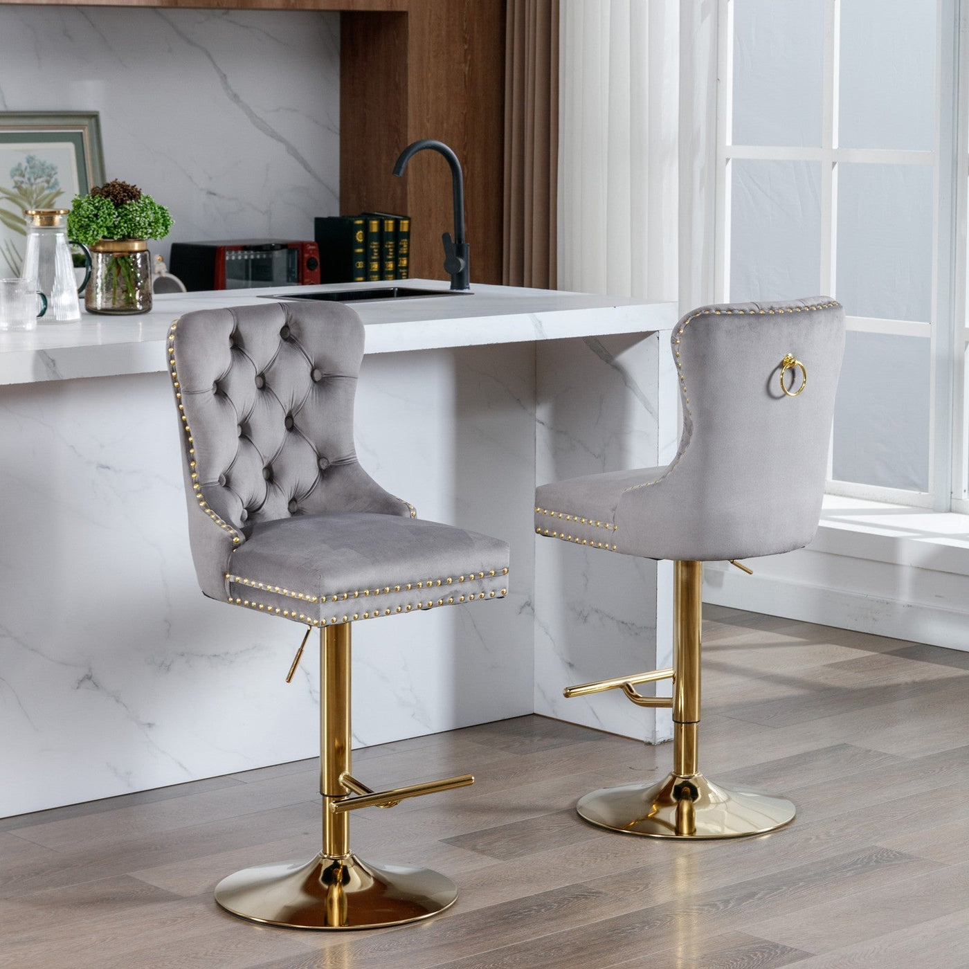 Thick Gold Velvet Bar Stool With Adjustable Height And Backrest Gray Set
