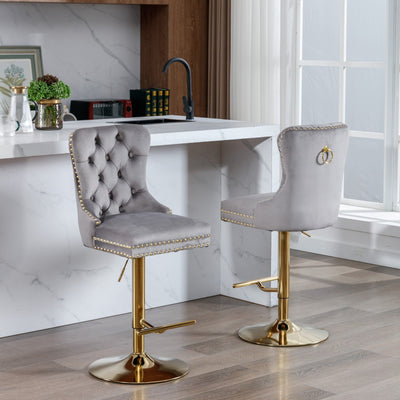 Thick Gold Velvet Bar Stool With Adjustable Height And Backrest Gray Set