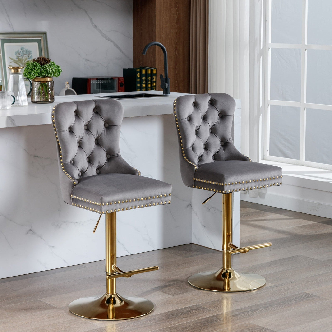 Thick Gold Velvet Bar Stool With Adjustable Height And Backrest Gray Set