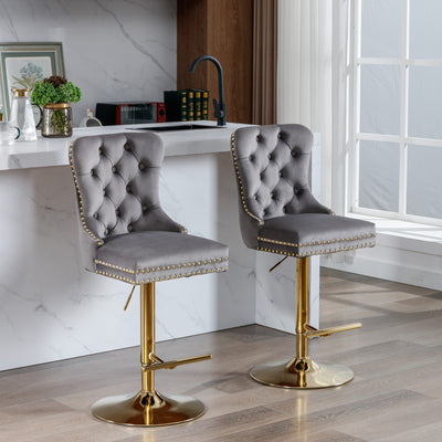 Thick Gold Velvet Bar Stool With Adjustable Height And Backrest Gray Set