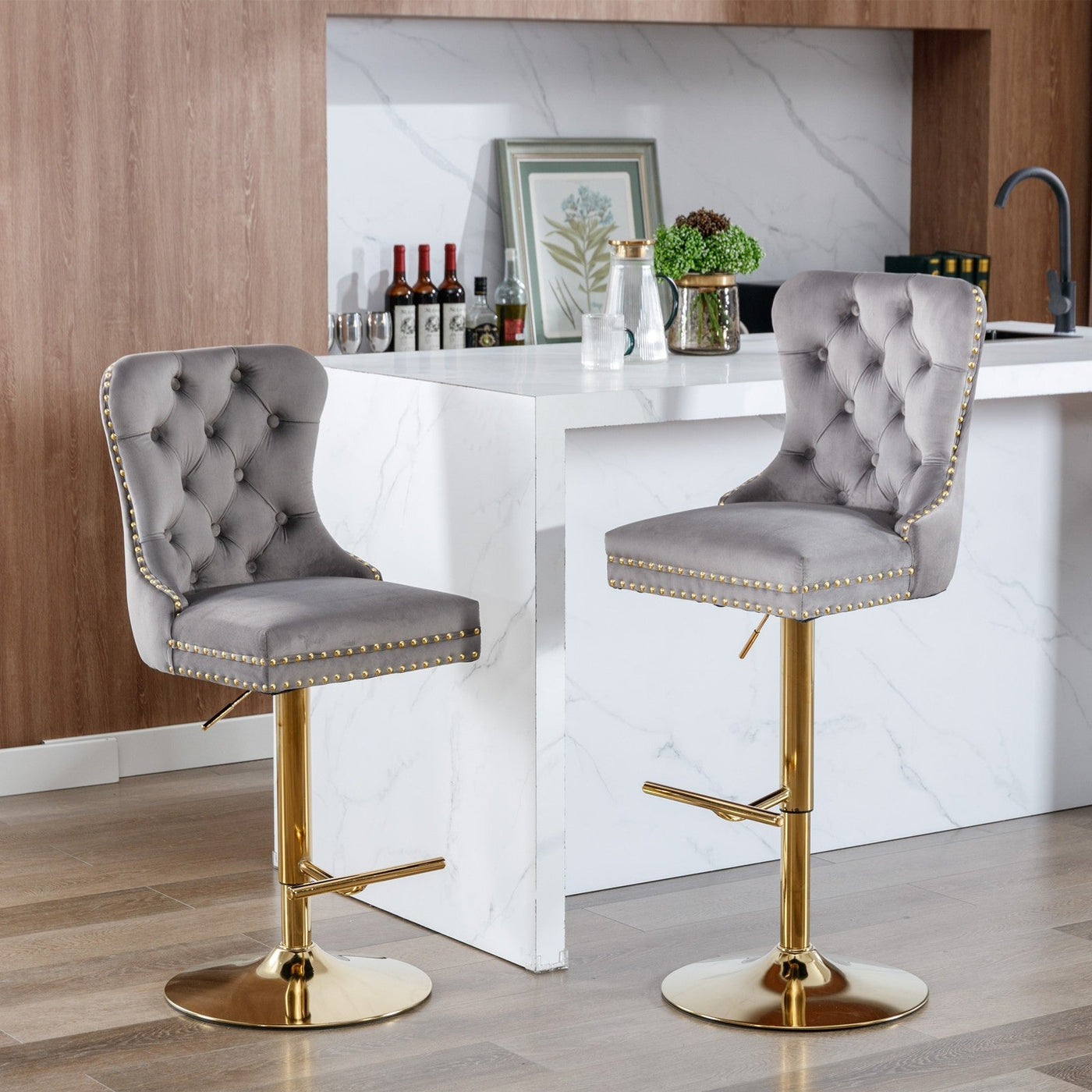 Thick Gold Velvet Bar Stool With Adjustable Height And Backrest Gray Set