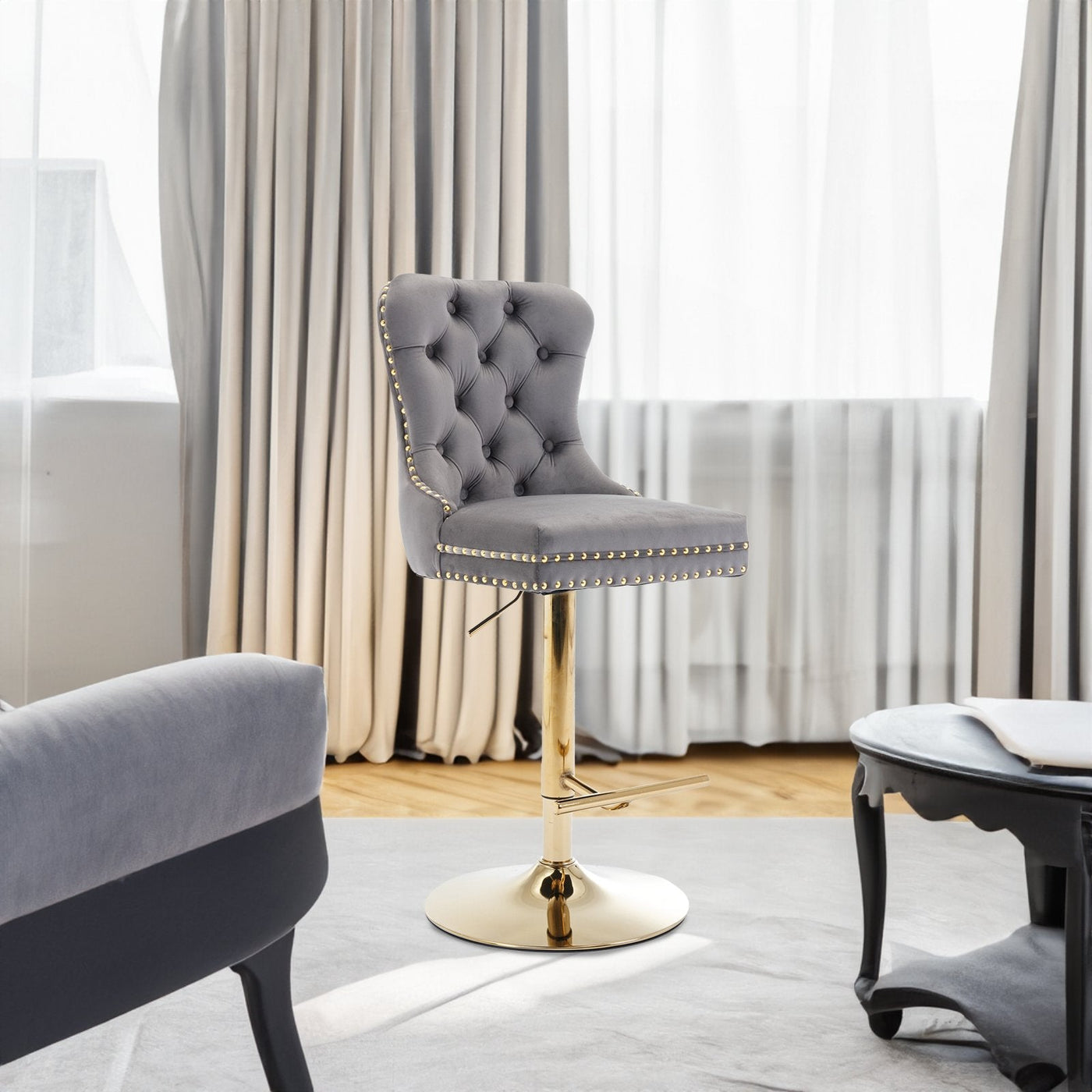 Thick Gold Velvet Bar Stool With Adjustable Height And Backrest Gray Set