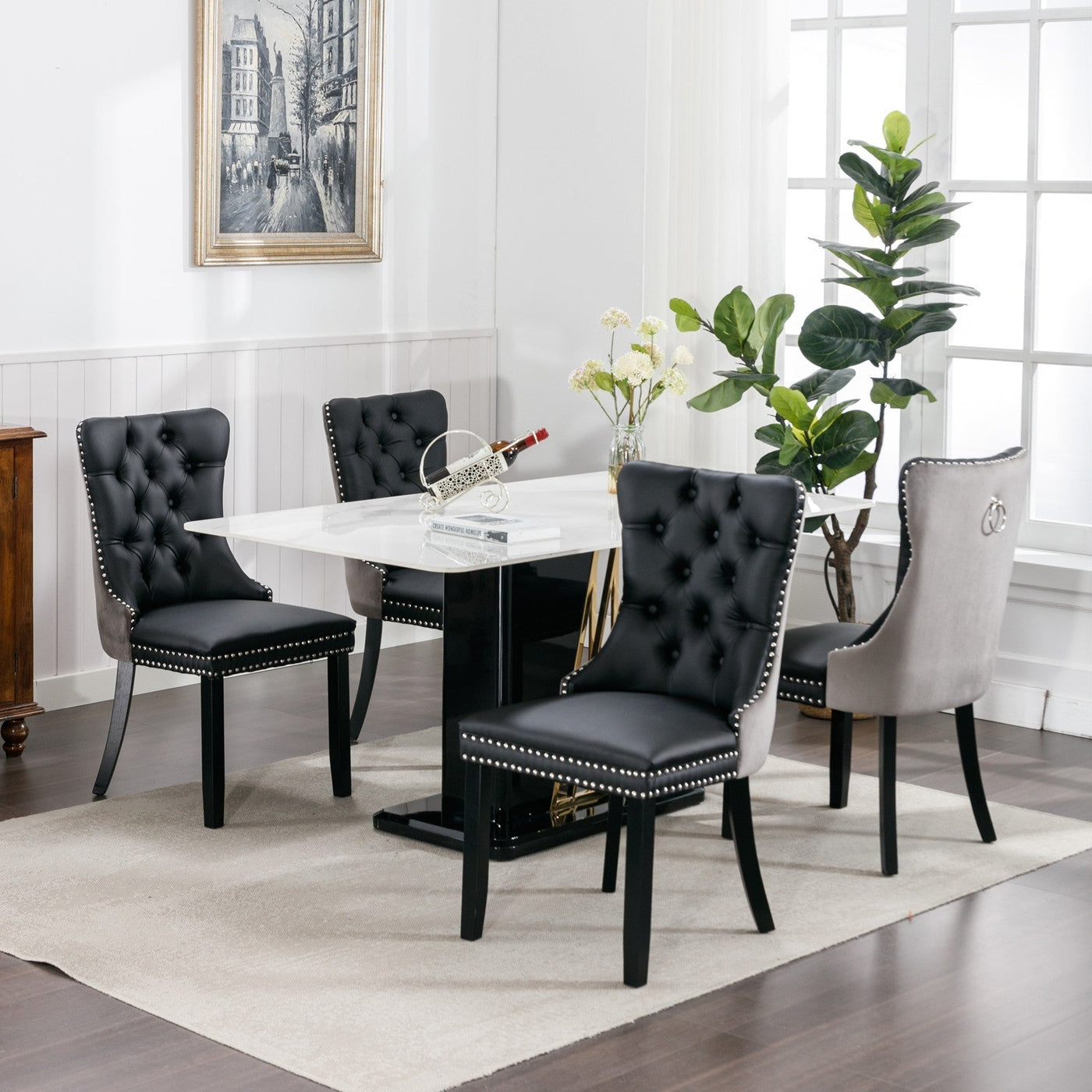 Tufted Dining Chair Set Upholstered Velvet PU Wood Legs Contemporary