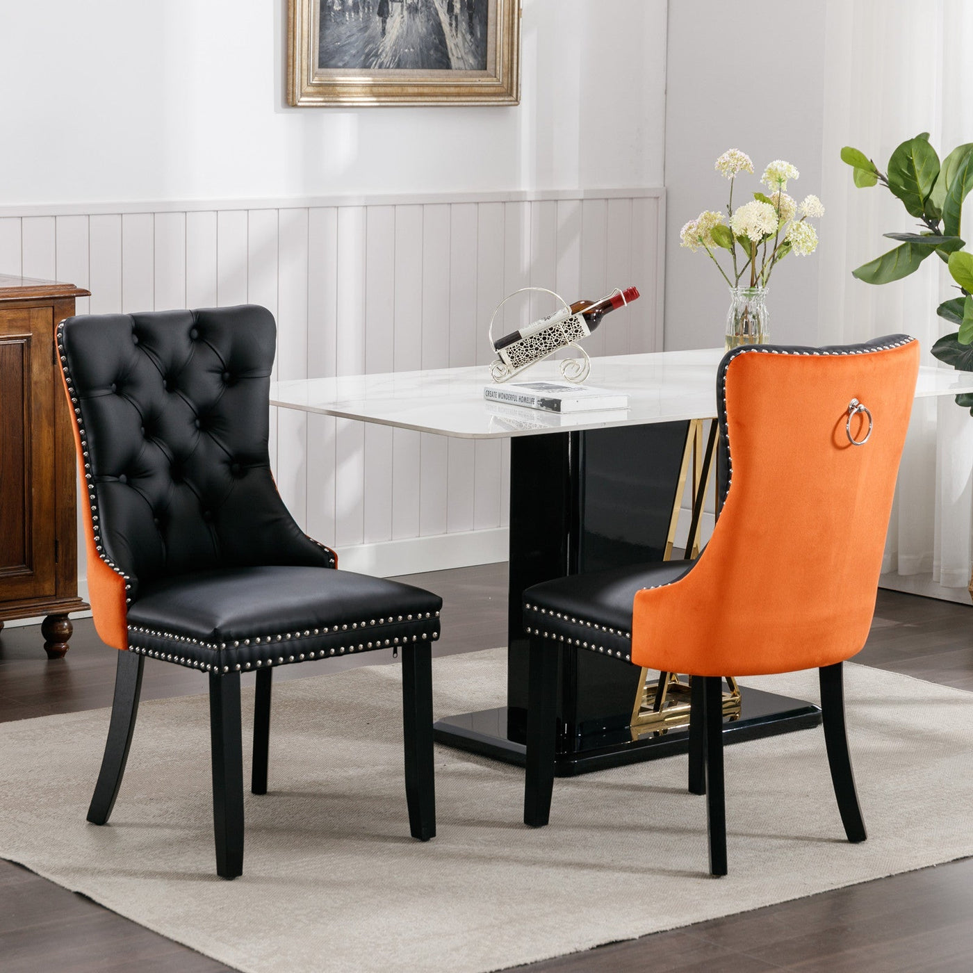 Tufted Dining Chair Set Upholstered Velvet PU Wood Legs Contemporary
