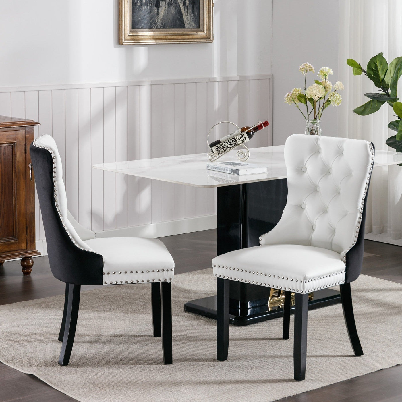 Tufted Cushioned Dining Chairs Solid Wood Velvet PU 2-Piece Set