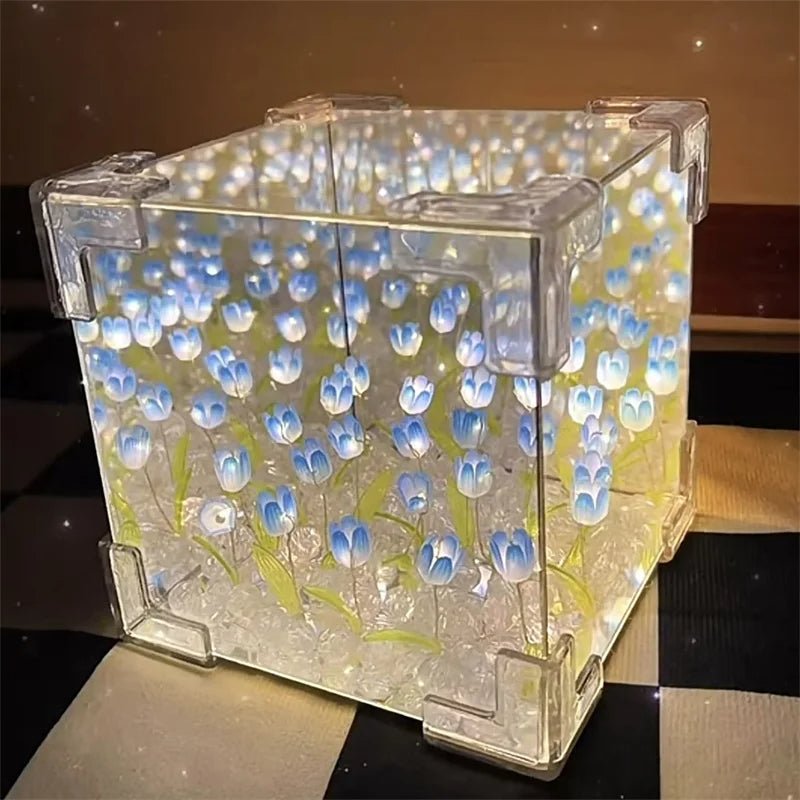 Tulip Nightlight Handmade Floral Cube Mirror Decorative Light