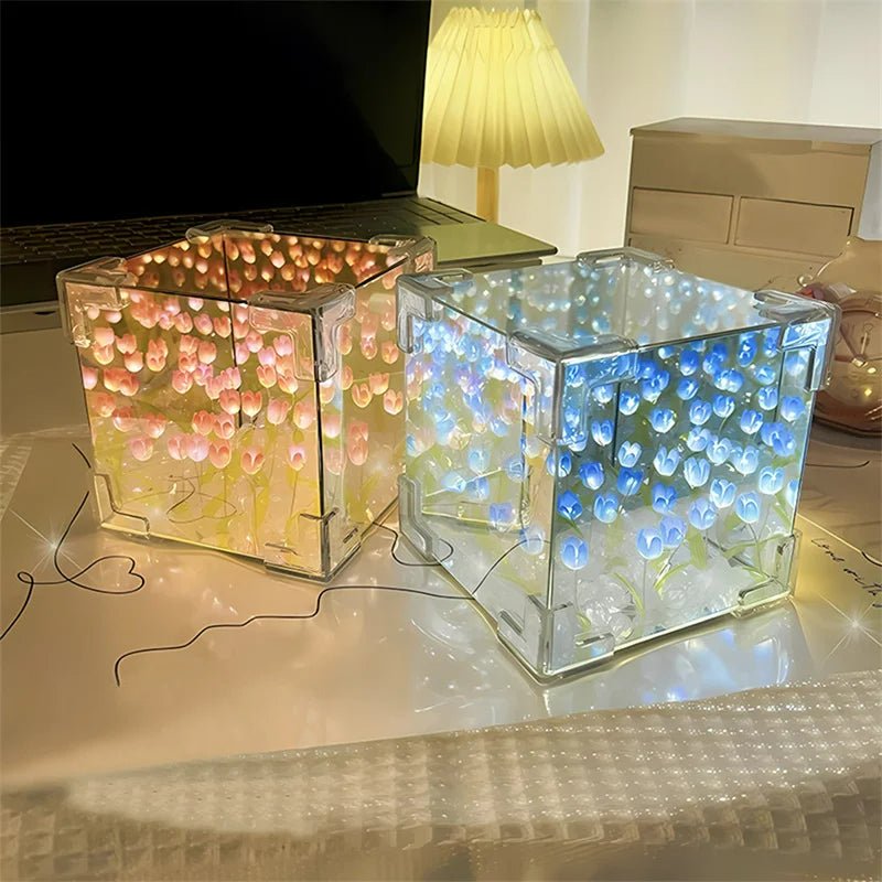 Tulip Nightlight Handmade Floral Cube Mirror Decorative Light