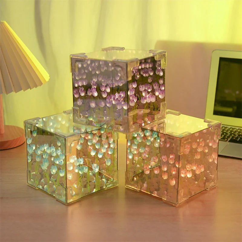 Tulip Nightlight Handmade Floral Cube Mirror Decorative Light