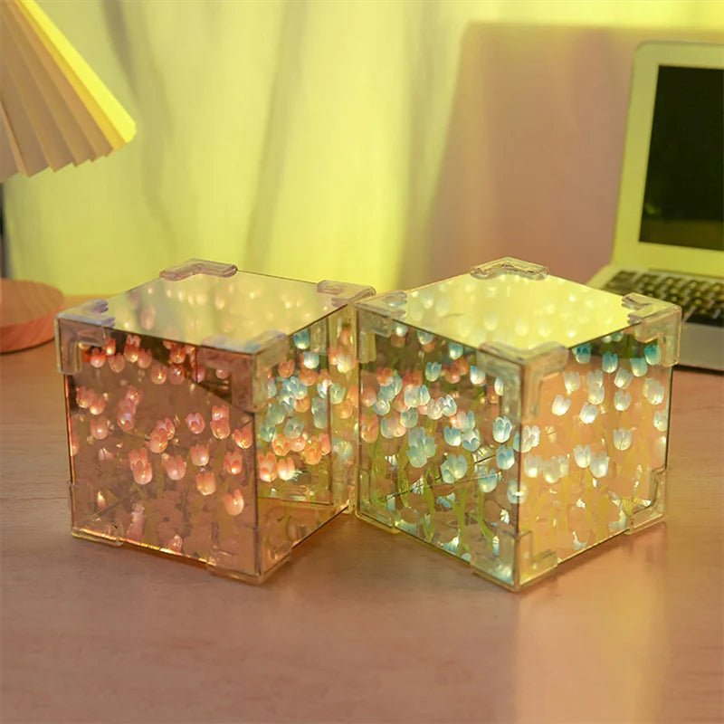 Tulip Nightlight Handmade Floral Cube Mirror Decorative Light