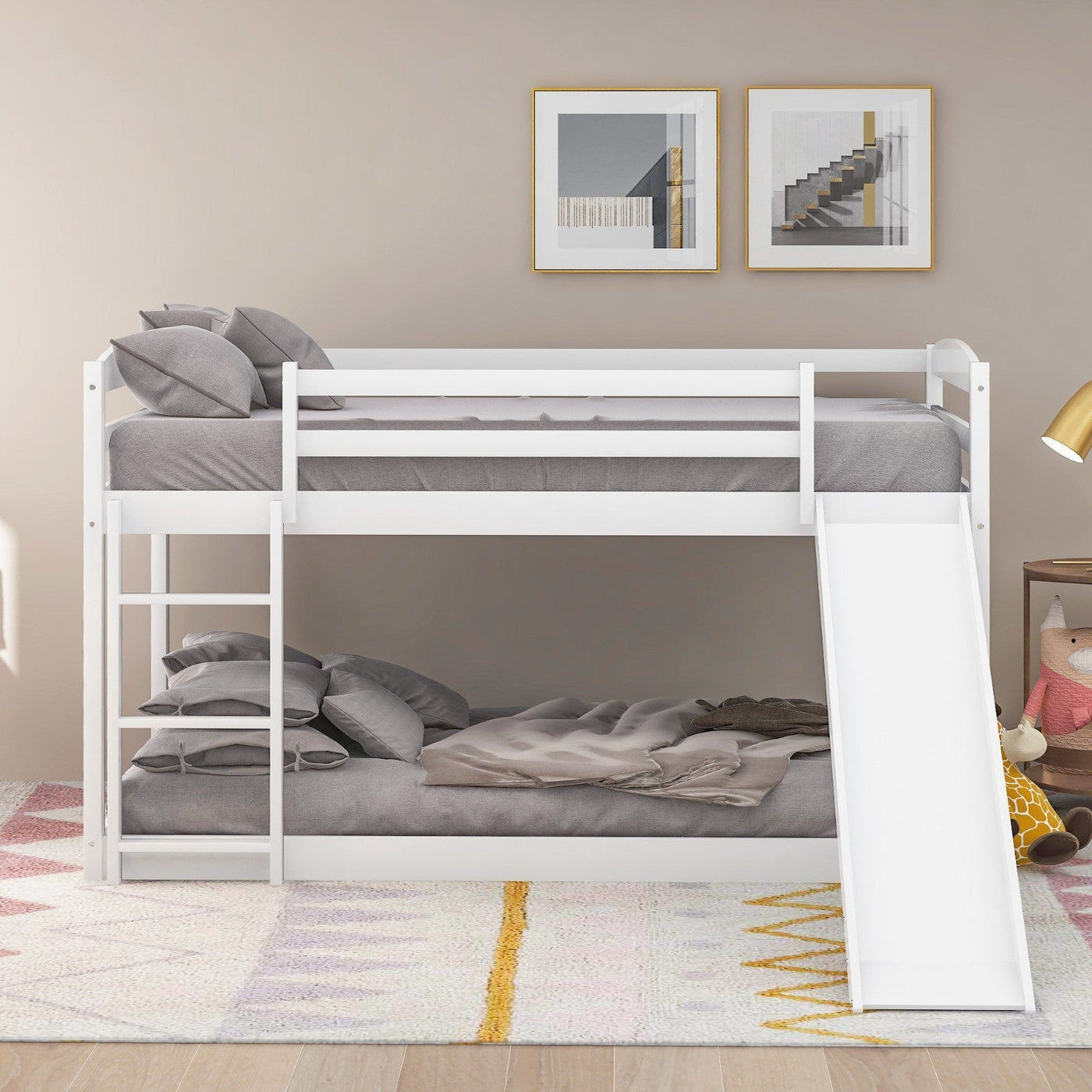 Twin Bunk Bed With Slide Ladder Convertible Kids Play Furniture