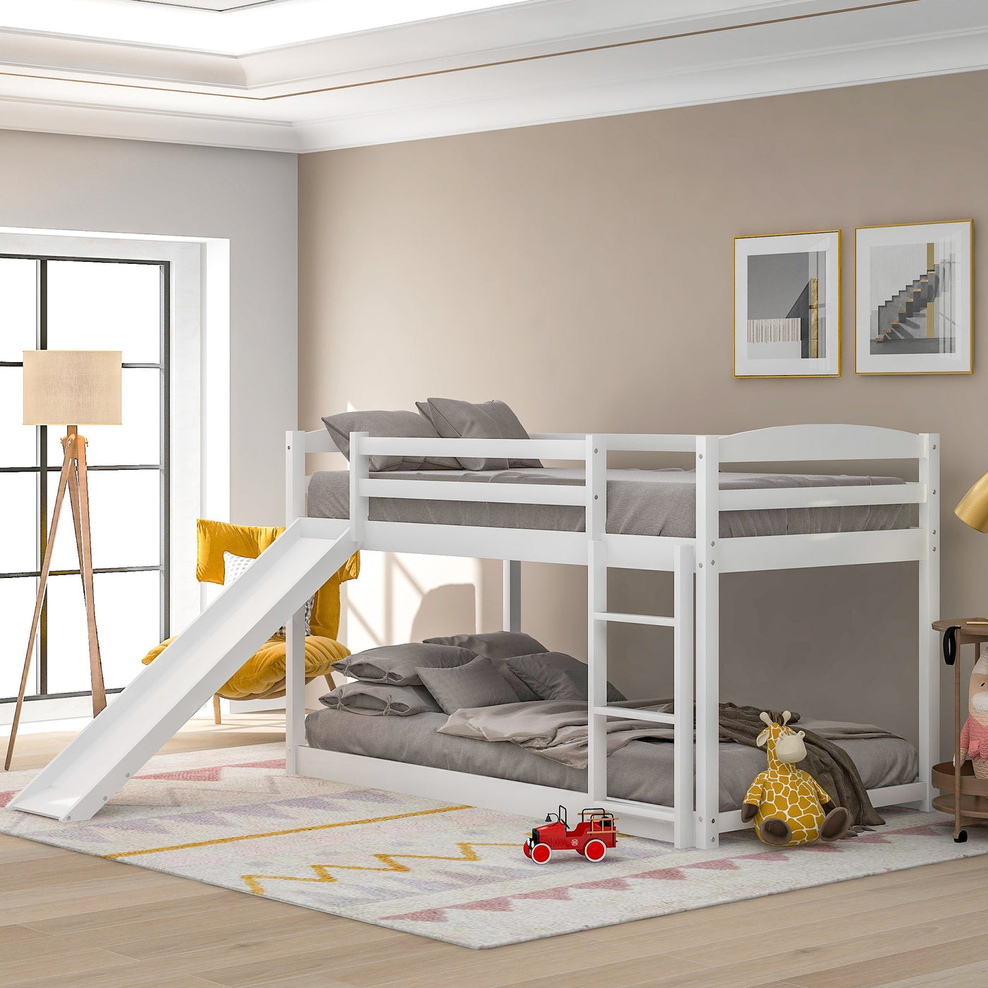 Twin Bunk Bed With Slide Ladder Convertible Kids Play Furniture