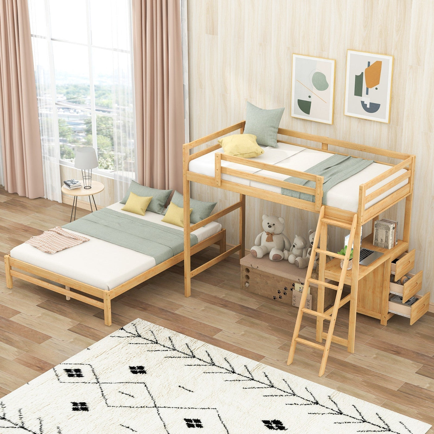 Twin Over Full Bunk Bed With Desk And Three Storage Drawers