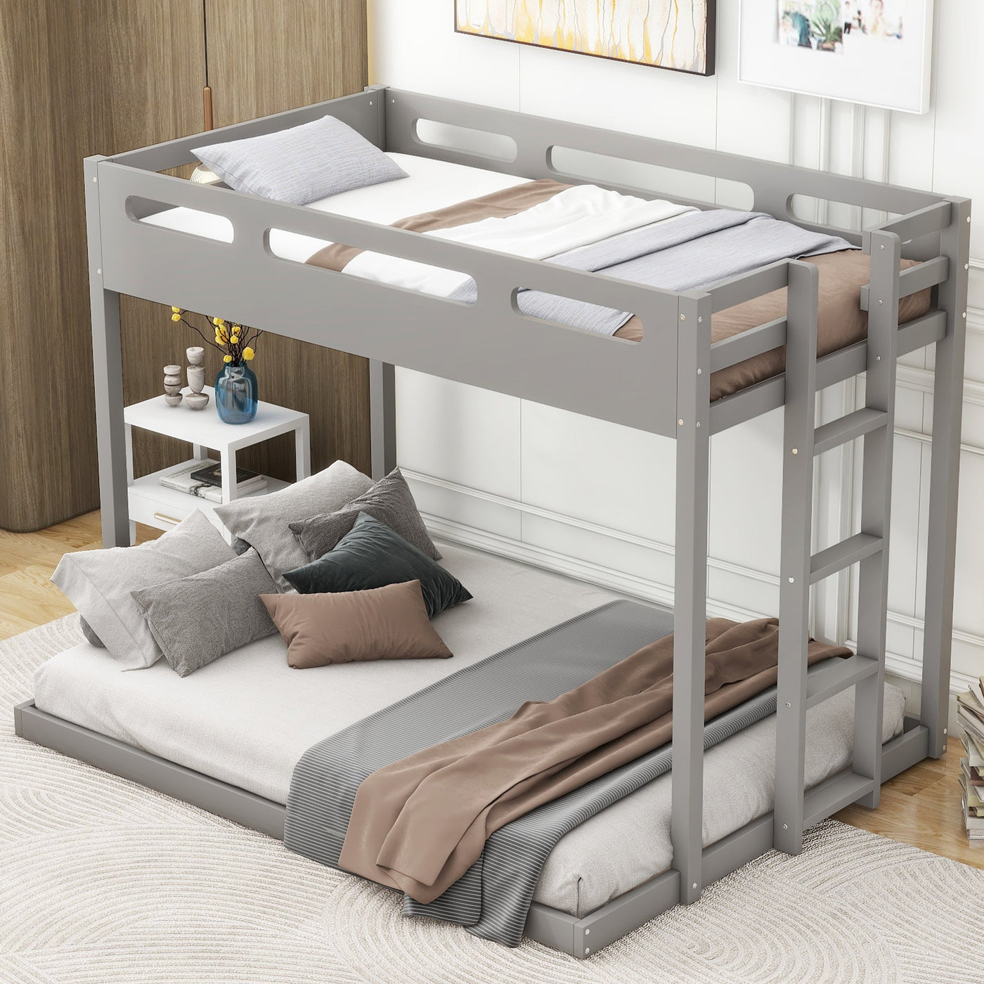 Twin Over Full Bunk Bed With Sturdy Built-in Ladder Design