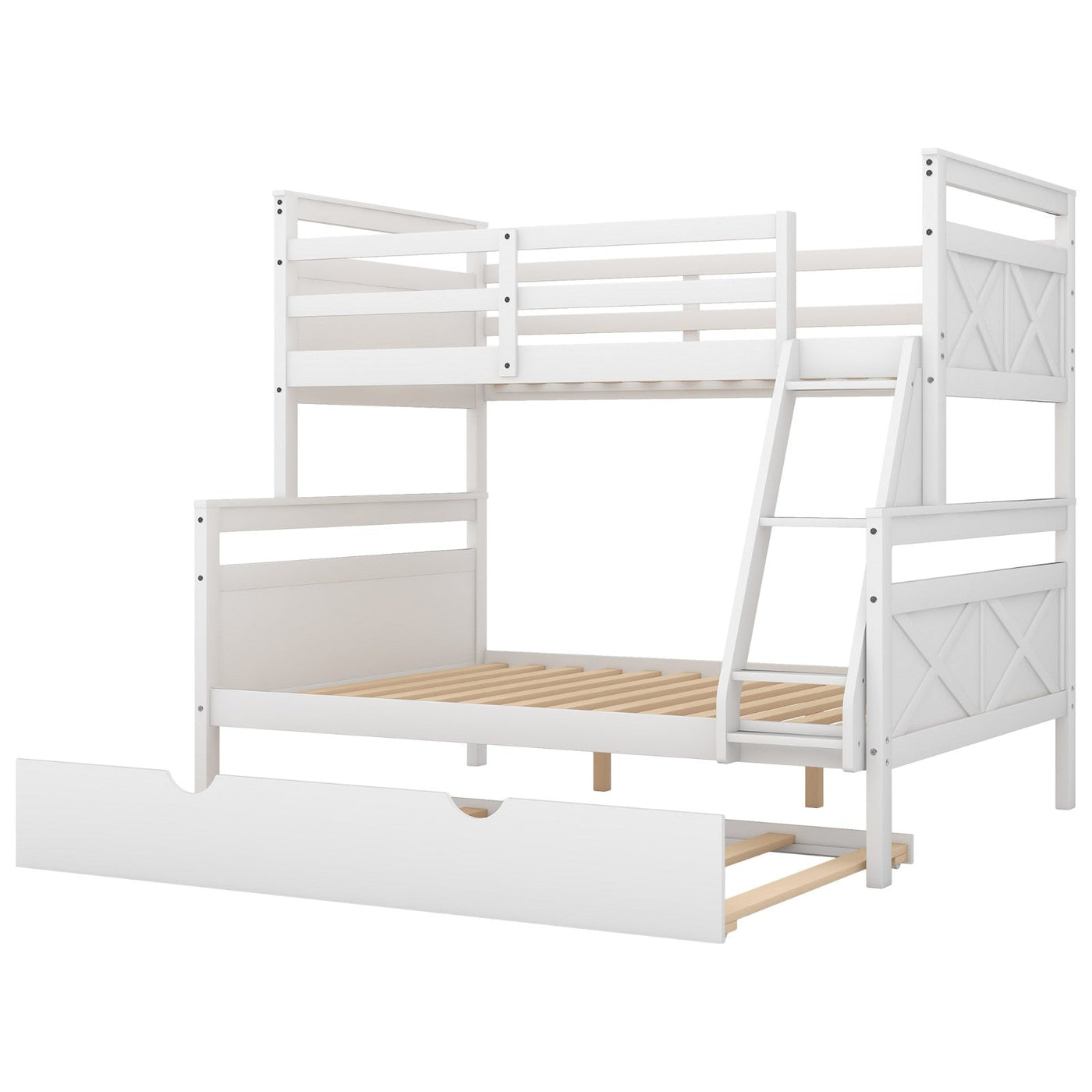 Twin Over Full Bunk Bed With Ladder Trundle And Safety Guardrail