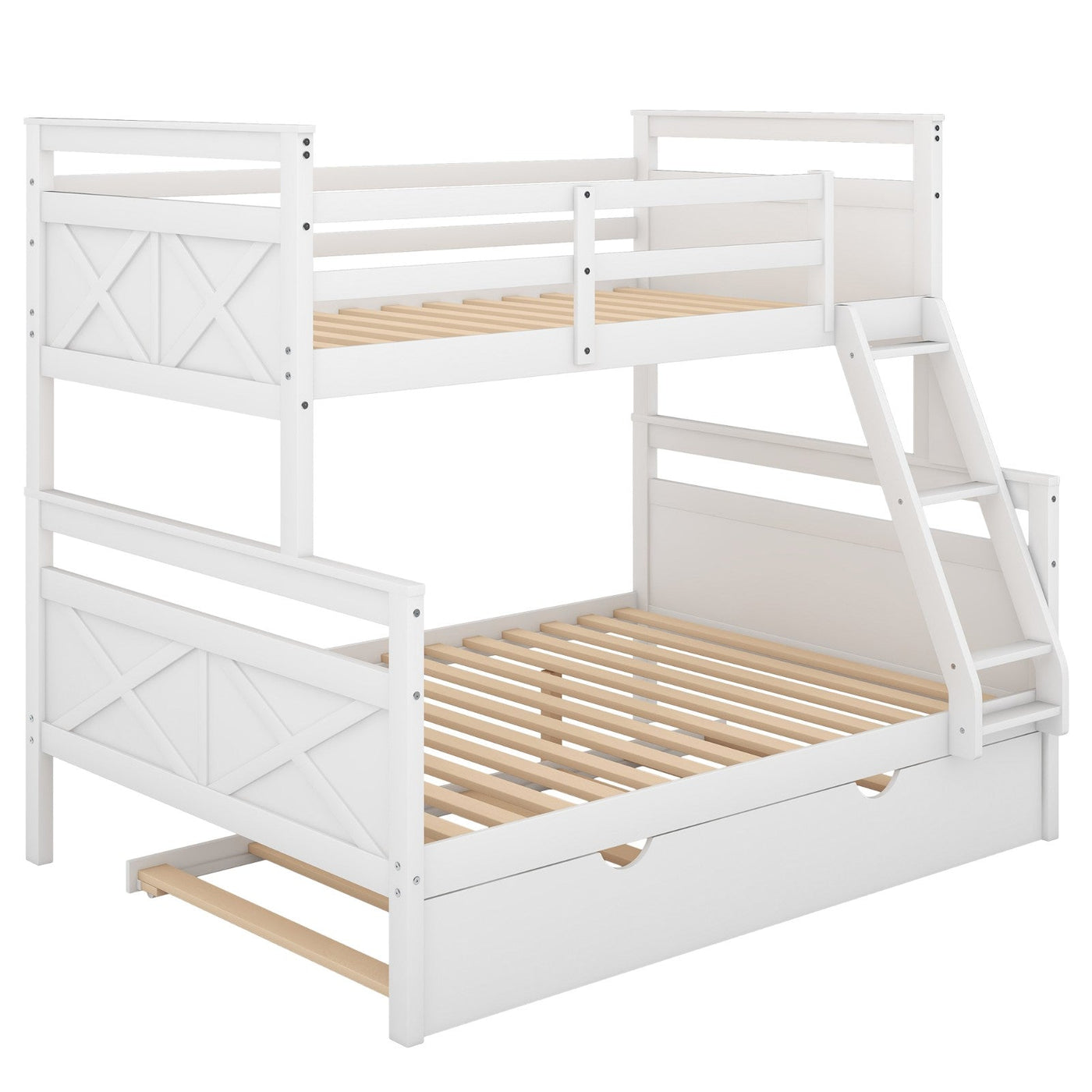Twin Over Full Bunk Bed With Ladder Trundle And Safety Guardrail