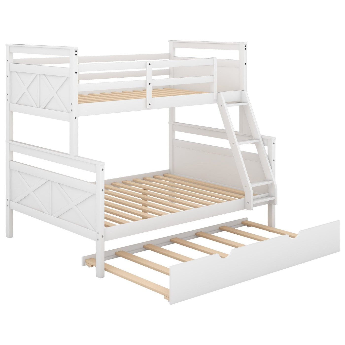 Twin Over Full Bunk Bed With Ladder Trundle And Safety Guardrail