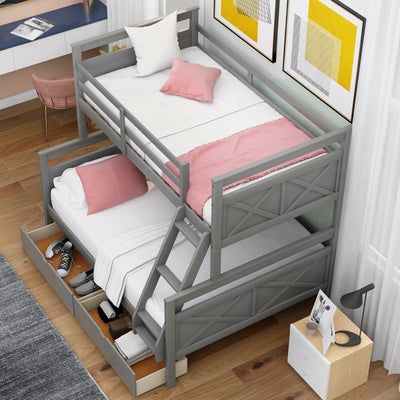 Twin Over Full Bunk Bed With Ladder Storage Drawers And Safety Rail