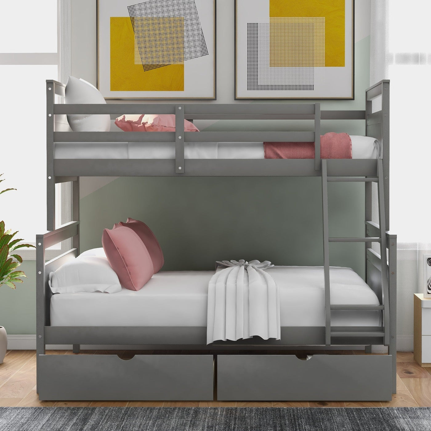 Twin Over Full Bunk Bed With Ladder Storage Drawers And Safety Rail
