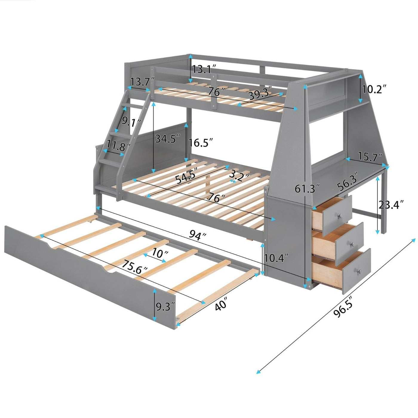 Twin Over Full Bunk Bed With Trundle Desk Storage Drawers Shelf
