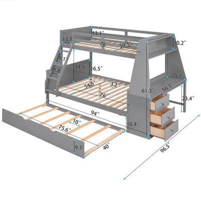 Twin Over Full Bunk Bed With Trundle Desk Storage Drawers Shelf