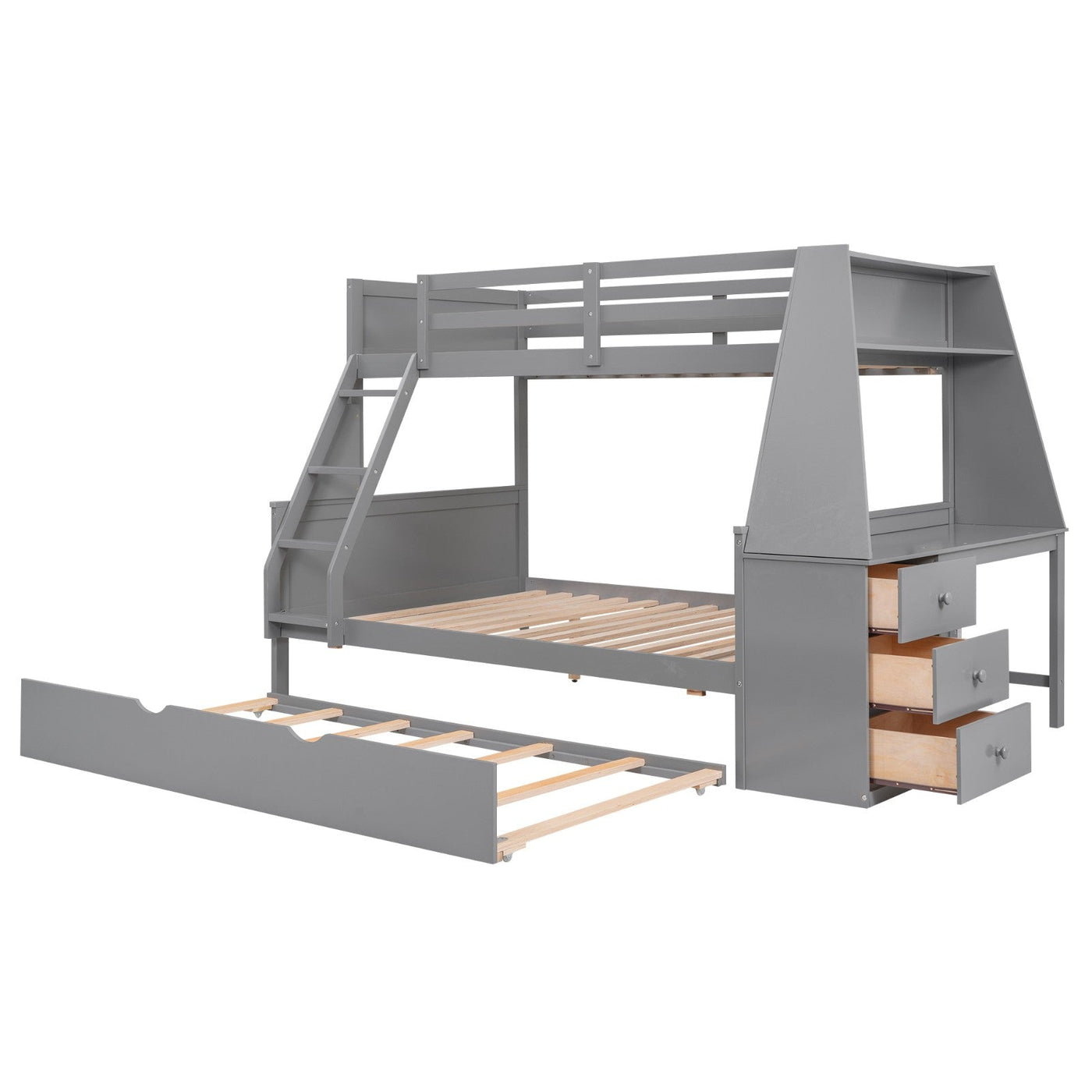 Twin Over Full Bunk Bed With Trundle Desk Storage Drawers Shelf
