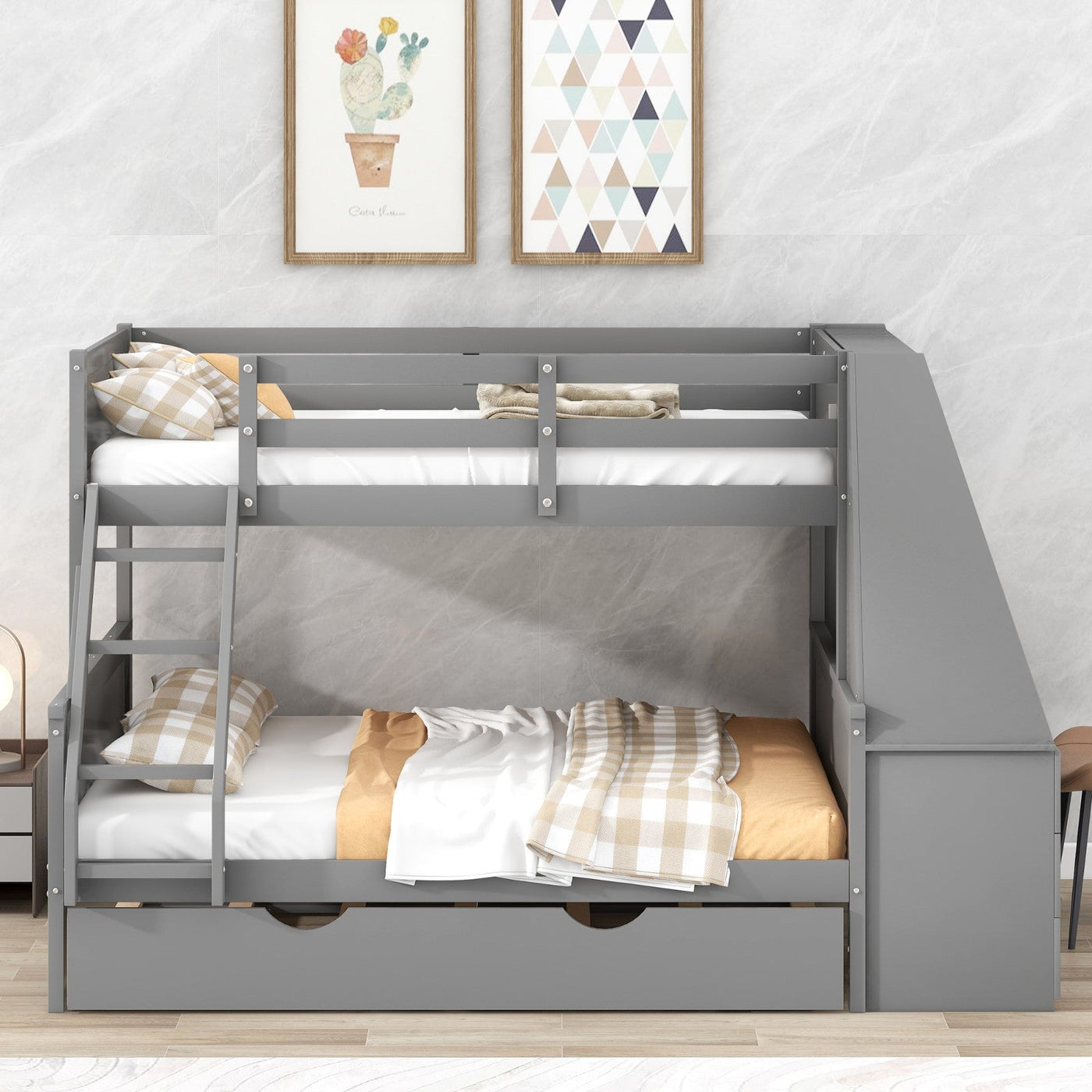 Twin Over Full Bunk Bed With Trundle Desk Storage Drawers Shelf