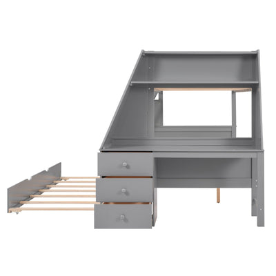 Twin Over Full Bunk Bed With Trundle Desk Storage Drawers Shelf