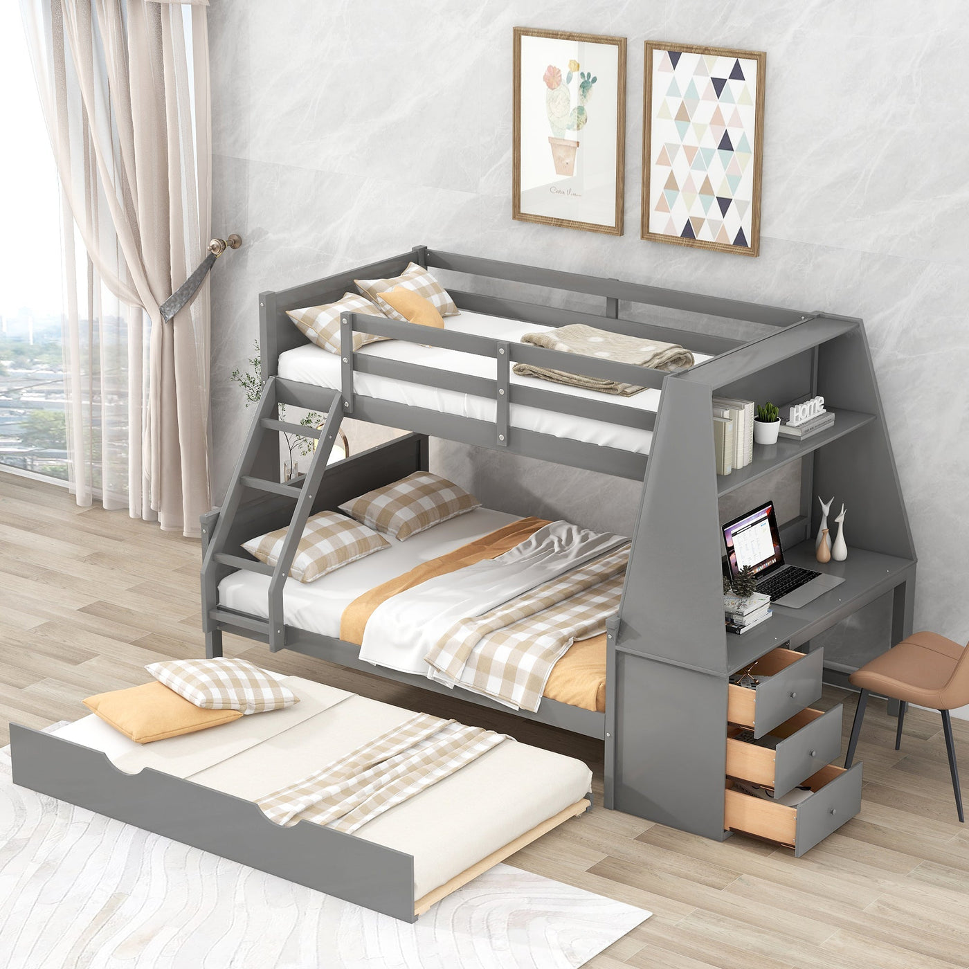 Twin Over Full Bunk Bed With Trundle Desk Storage Drawers Shelf
