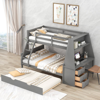Twin Over Full Bunk Bed With Trundle Desk Storage Drawers Shelf