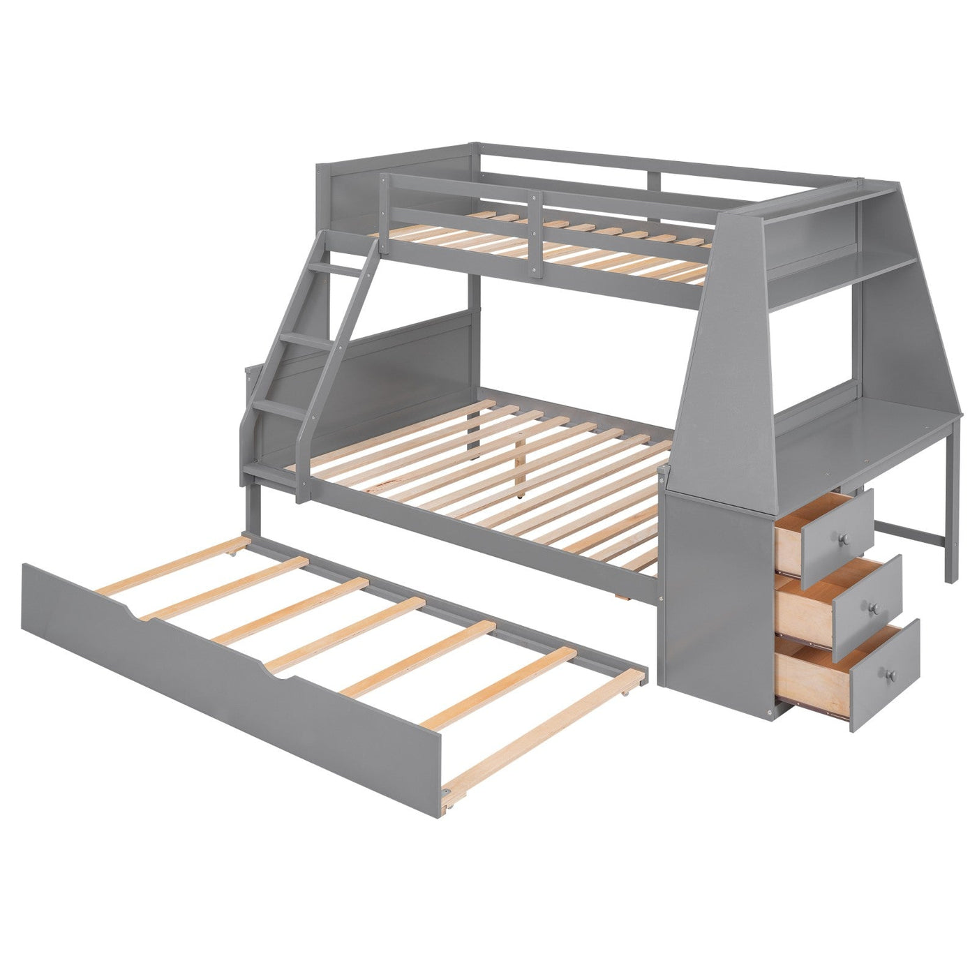 Twin Over Full Bunk Bed With Trundle Desk Storage Drawers Shelf