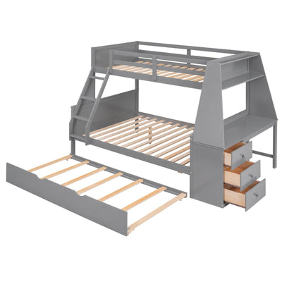 Twin Over Full Bunk Bed With Trundle Desk Storage Drawers Shelf