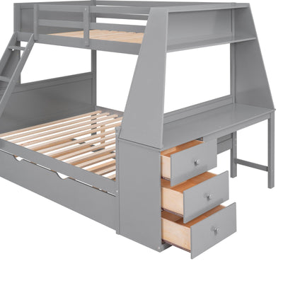 Twin Over Full Bunk Bed With Trundle Desk Storage Drawers Shelf