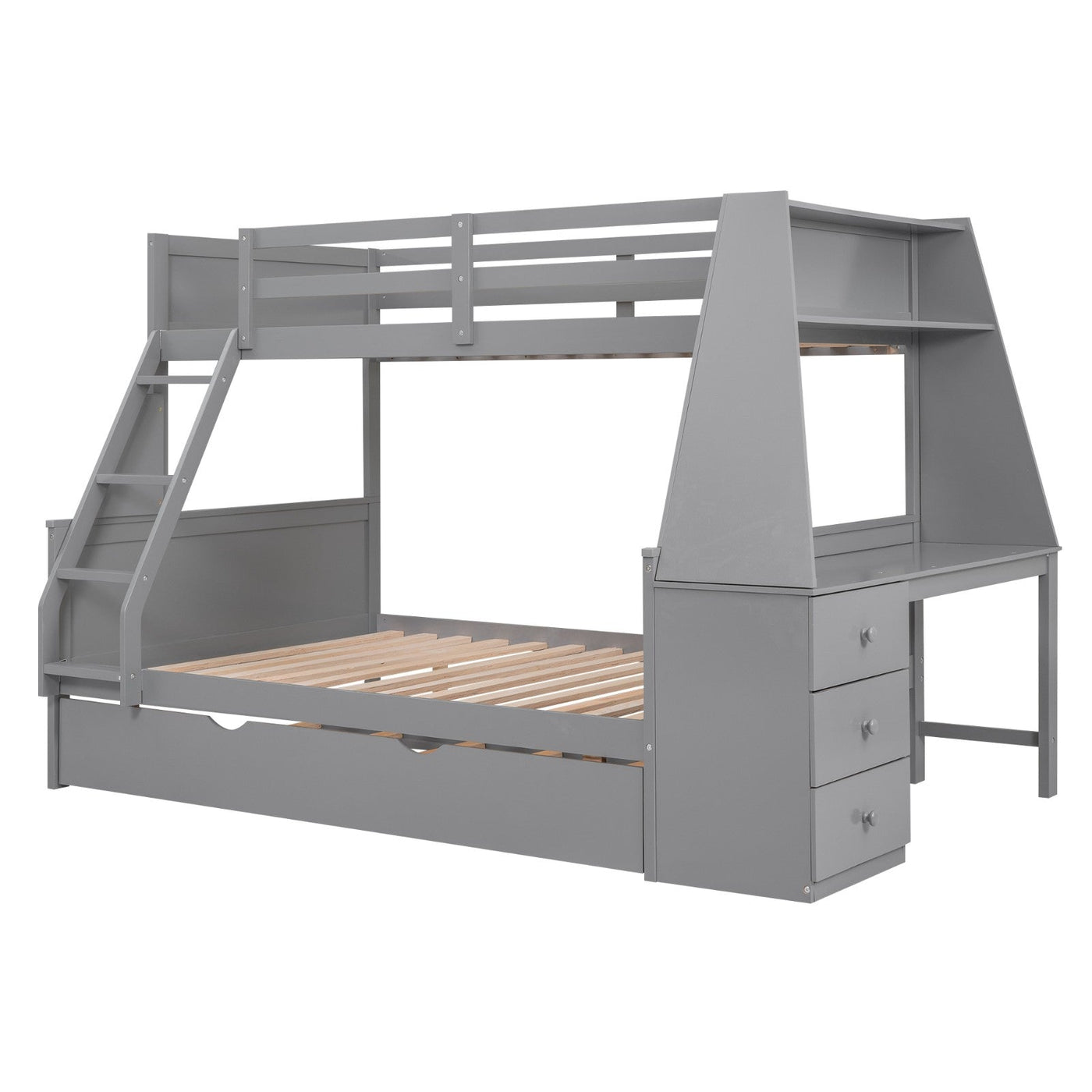 Twin Over Full Bunk Bed With Trundle Desk Storage Drawers Shelf
