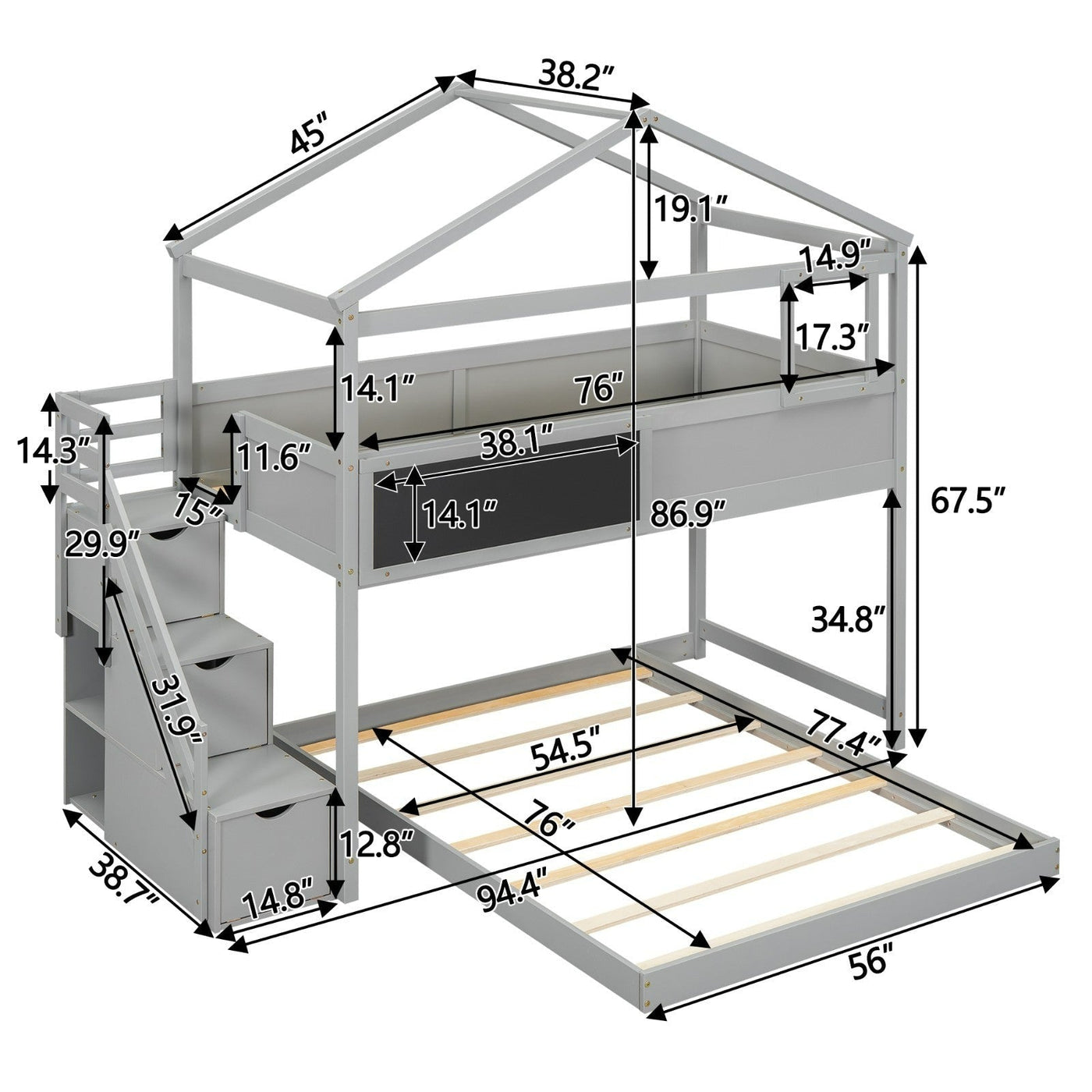 Twin Over Full Bunk Bed With Storage Staircase And Blackboard
